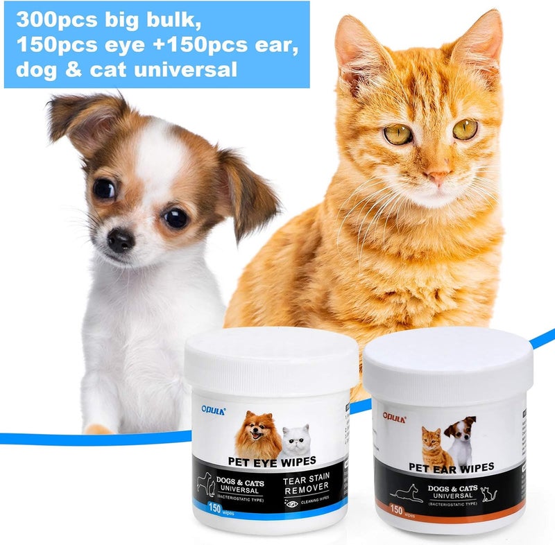 Opula Dog Ear Eye Cleaner Wipes,300 Count Cat Eye Ear Cleaning Wipes,Pet Wipes,150pcs Tear Stain Remover Wipes+150pcs Ear Wax Wipes,Non-Irritating,Dog&Cat Universal,Eliminate Odor - Image 4